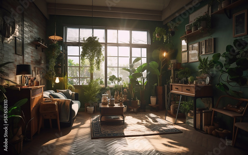 Sunlit urban jungle, a cozy room filled with plants and warm morning light © Liana