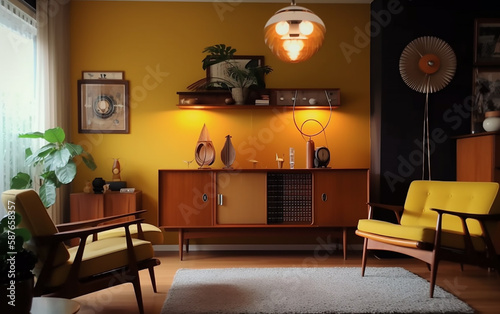 Vintage-inspired living space with mustard yellow accents and stylish mid-century decor