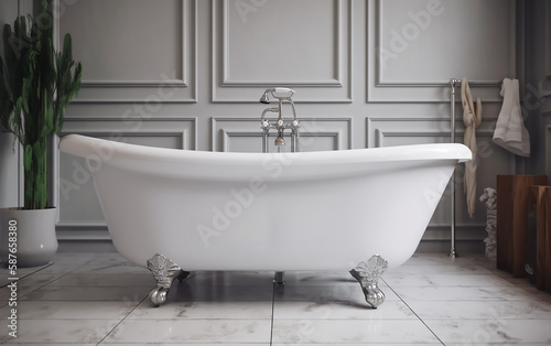 Elegant white claw-foot bathtub in a minimalist grey paneled bathroom setting