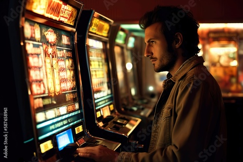 Man using an electronic slot machine in casino. ai generated.