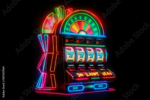 Picture One neon shining casino slot machine in an empty place in high resolution, excellent quality, entertainment, risk, passion, turnover of huge sums of money, abstraction, business. ai generated.