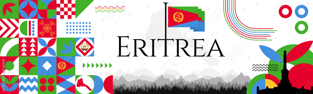 The Eritrea Independence Day abstract banner design with flag and map. Flag color theme geometric pattern retro modern Illustration design. Green, blue and Red color template. The Eritrea Independence Day abstract banner design with flag and map. Flag color theme geometric pattern retro modern Illustration design. Green, blue and Red color template.