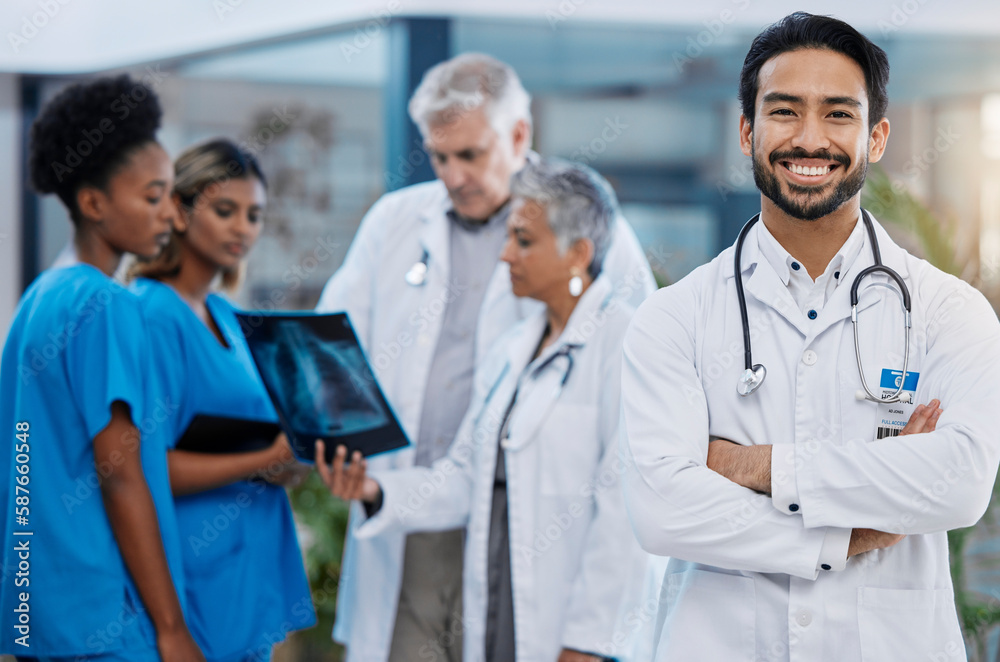 Man doctor, hospital team and leadership portrait outdoor feeling serious with vision. Healthcare x ray, wellness and nursing group with arms crossed and stethoscope ready for medical teamwork Man doctor, hospital team and leadership portrait outdoor feeling serious with vision. Healthcare x ray, wellness and nursing group with arms crossed and stethoscope ready for medical teamwork