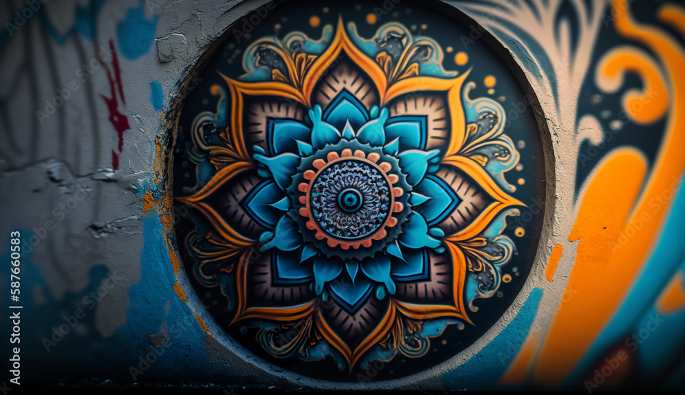 Fototapeta premium Mandala graffiti on a grunge wall, Wallpaper, Background, Generative AI
