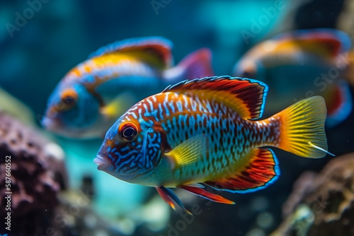 Close up view of colorful Tropical fishes in the ocean. Generative AI 
