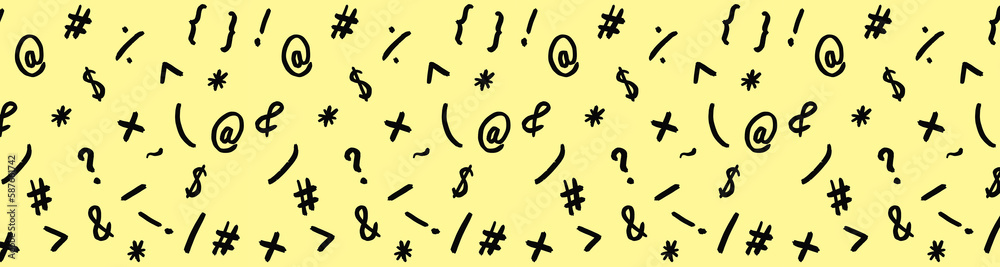 pattern with the image of keyboard symbols. Punctuation marks. Template for applying to the surface. pastel yellow background. Horizontal image. Banner for insertion into site. pattern with the image of keyboard symbols. Punctuation marks. Template for applying to the surface. pastel yellow background. Horizontal image. Banner for insertion into site.