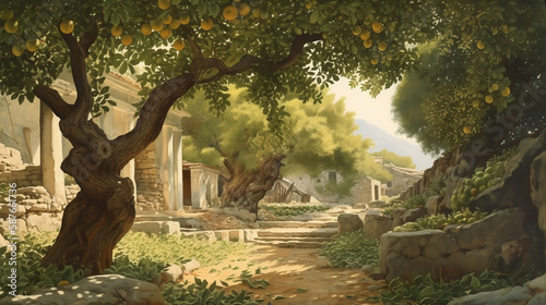 Greek garden, doric columns, ruins, golden fruit trees (Generative AI) 