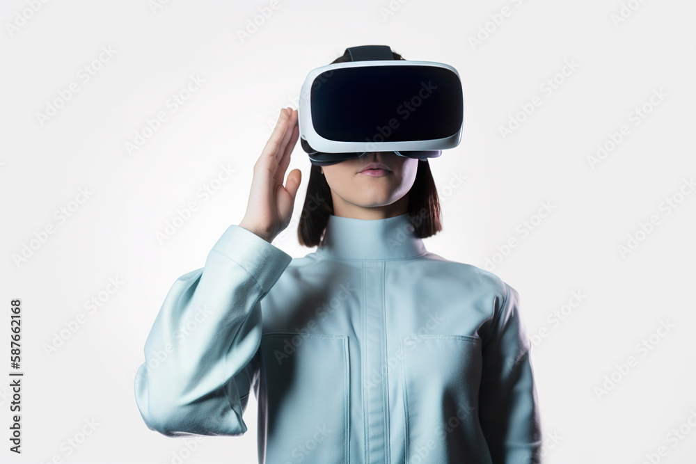 a woman wearing a virtual reality headset on white background. Created with Generative AI Technology a woman wearing a virtual reality headset on white background. Created with Generative AI Technology