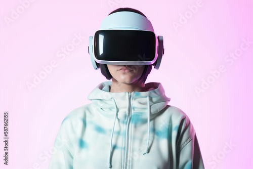 a woman wearing a virtual reality headset on pink background. Created with Generative AI Technology © dewaai