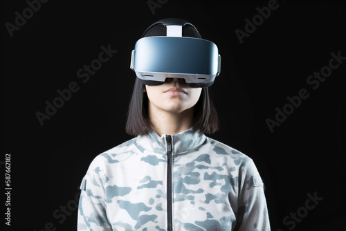 a woman wearing a virtual reality headset on black background. Created with Generative AI Technology © dewaai