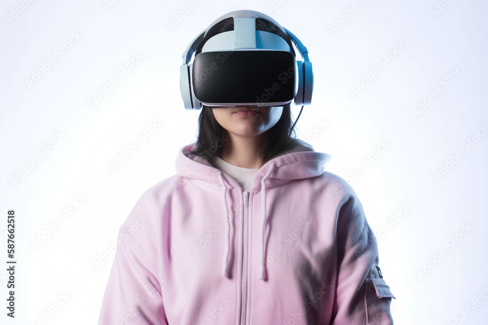 a woman wearing a virtual reality headset on white background. Created with Generative AI Technology a woman wearing a virtual reality headset on white background. Created with Generative AI Technology