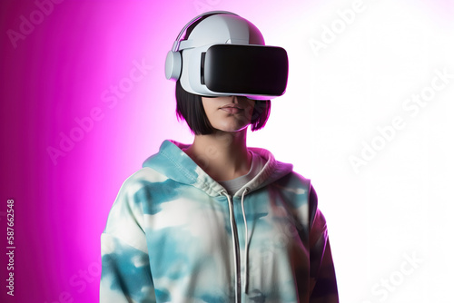a woman wearing a virtual reality headset on neon light background. Created with Generative AI Technology © dewaai