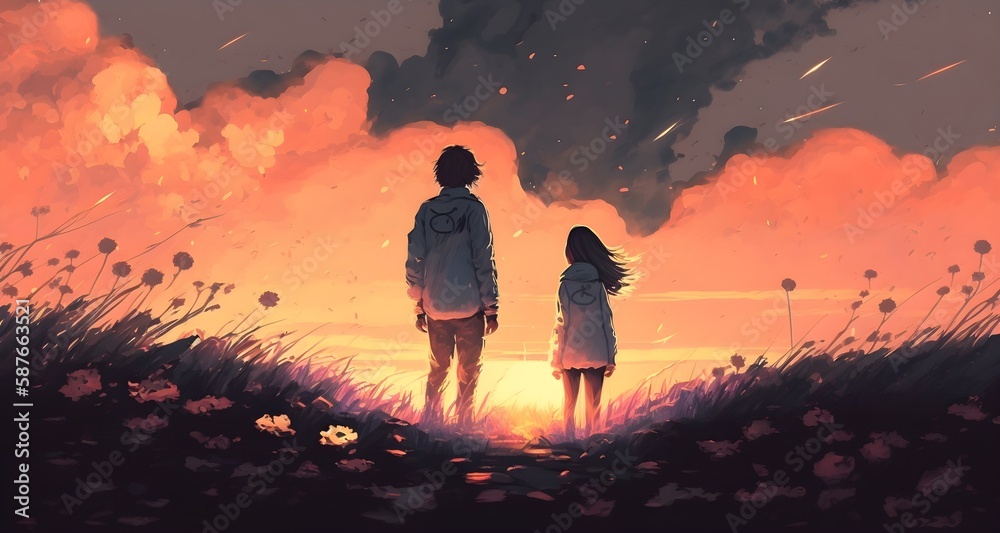 beautiful scenery of the young couple standing in glowing flowers filed and looking sunset sky, digital art style, illustration painting, Generative AI