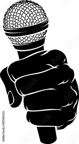 A hand in a fist holding a mic, mike or microphone illustration.