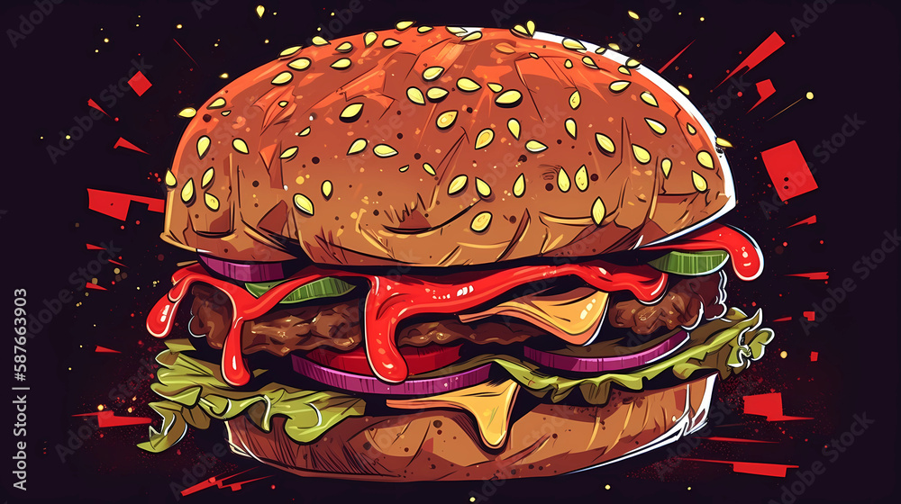 illustration of delicious burger or hamburger with meat, bun and salad. ai generative