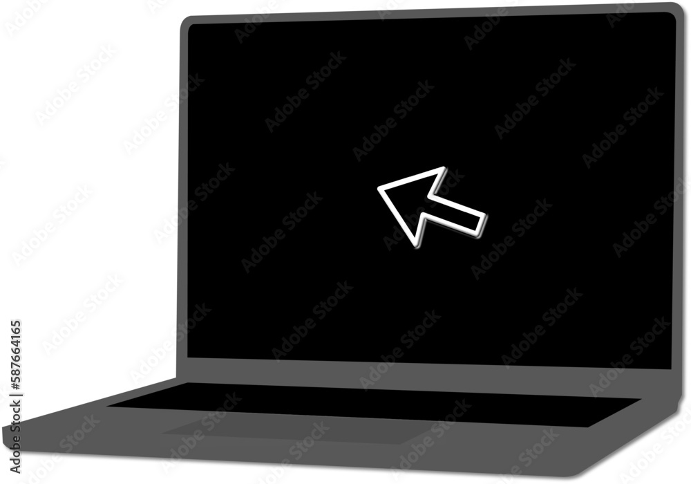 Blank laptop computer with black screen and mouse arrow. Illustration made April 1st, 2023