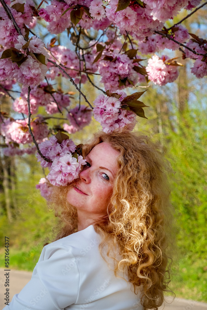 Fototapeta premium sensual seductive mature sexy redhead woman portrait in white dress surrounded by japanese cherry blossoms