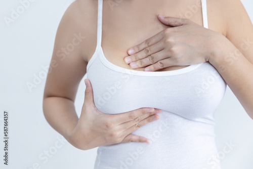 Woman Finger Press the Weight on Her Breast to Check For Breast Cancer Sign © charnsitr