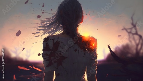 rear view of woman with cracked effect on her body looking the sunrise, illustration painting, Generative AI