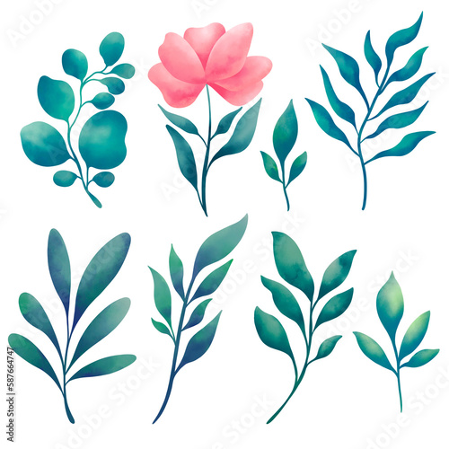 Watercolor floral illustration set - green leaf branches collection, for wedding stationary, greetings, wallpapers, fashion, background. Eucalyptus, olive, green leaves, etc.