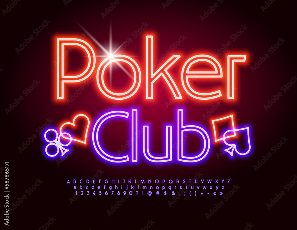Vector neon poster Poker Club. Bright Glowing Font. Modern Alphabet Letters and Numbers set