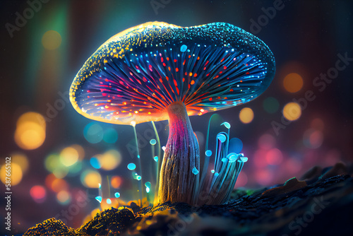 Cartoon fairy luminous mushroom, generative AI