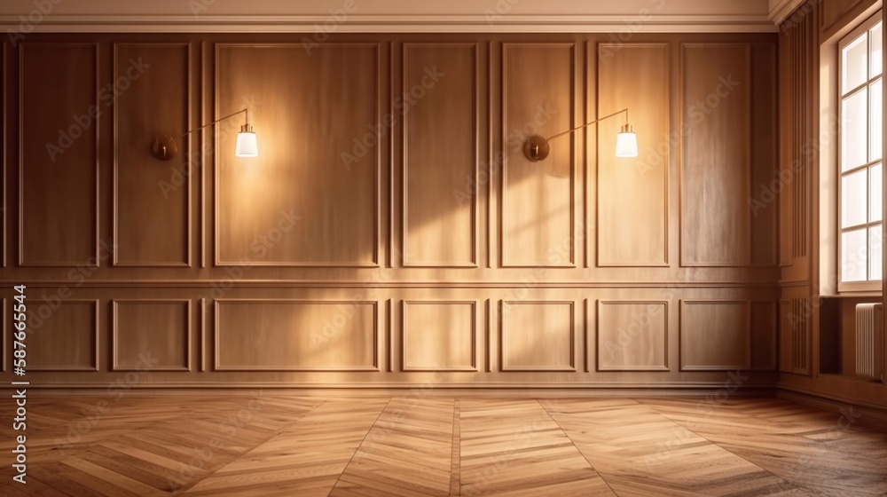 Brown blank wall with decorative panels and wood flooring with highlights. Generative AI. Brown blank wall with decorative panels and wood flooring with highlights. Generative AI.