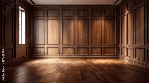 Brown blank wall with decorative panels and wood flooring with highlights. Generative AI.