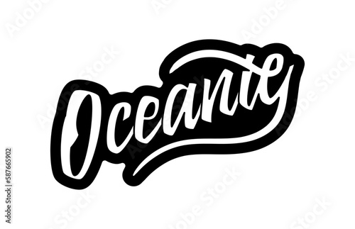 Oceanie text black and white. Calligraphy and typography. Brush lettering for poster and banners. Travel and adventure, trip and journey. Cartoon flat vector illustration