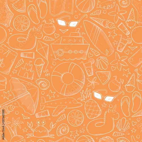 summer seamless pattern with doodles on orange background for wallpaper, scrapbooking, wrapping paper, stationary, textile prints, etc. EPS 10