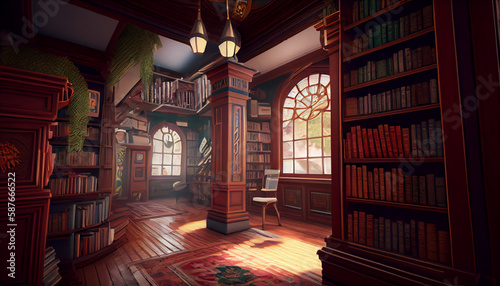 Cozy library in the house. Generative AI © Daniel
