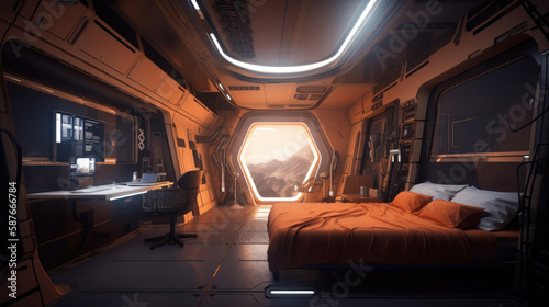 Bedroom in a habitat on Mars by generative AI photo