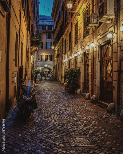 Fototapeta Naklejka Na Ścianę i Meble -  Enchanting night view of the cobblestone streets in Rome, basked in soft, ambient lighting.