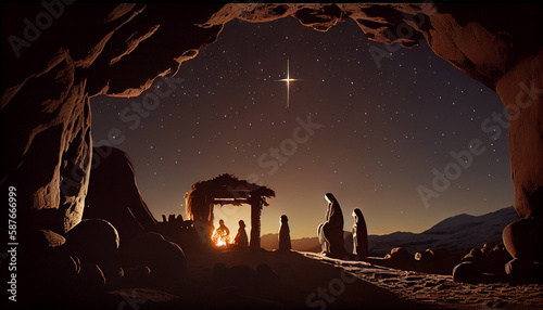 Fotografia The birth of Christ in the barn at night. AI Generative
