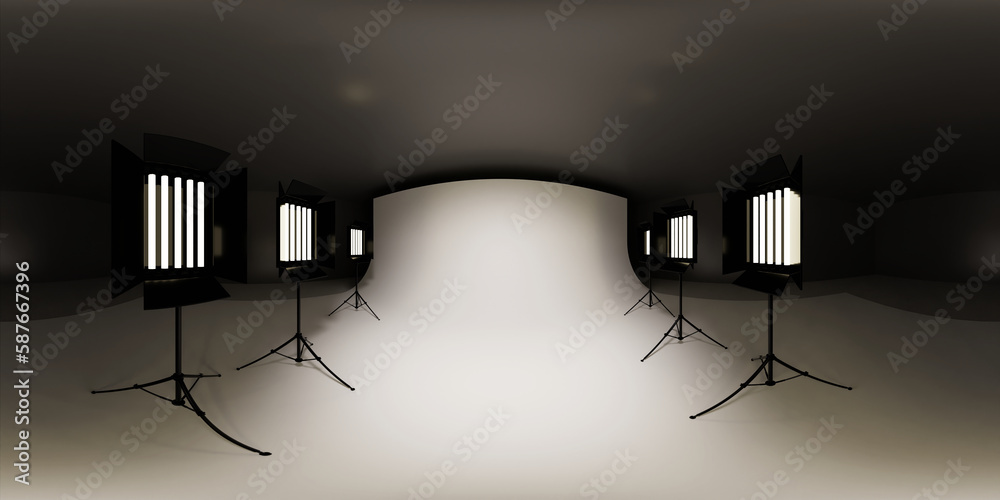 HDRI map, spherical studio environment panorama background, 360-degree high contrast interior light source render (8K, 3d equirectangular illustration)