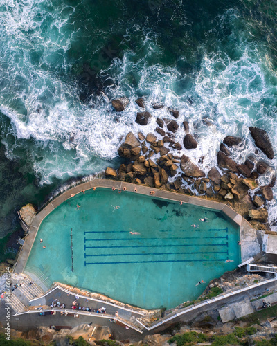 Aerial drone view of Bronte Ocean Pool in Sydney, New South Wales Australia