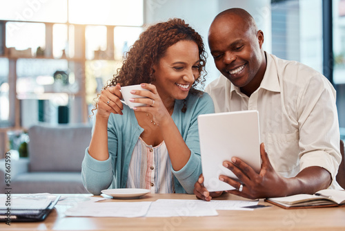 Couple, tablet and planning for finance, budget or application for loan on fintech app in home. Happy black man, woman or reading on touchscreen ux with smile, financial goals and investment growth photo