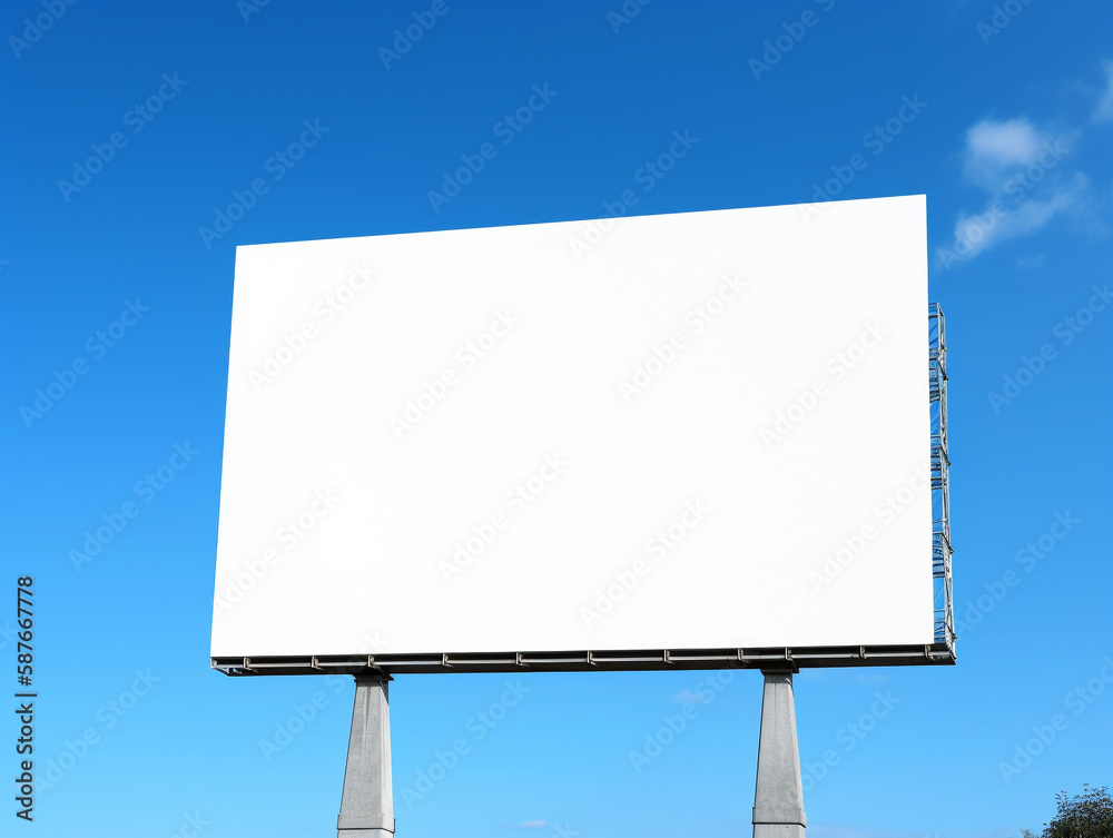Fototapeta premium Blank white outdoor billboard on blue sky background with clipping path signboard, outdoor board mockup, billboard mock up for advertisement, adds presentation for companies, shops.