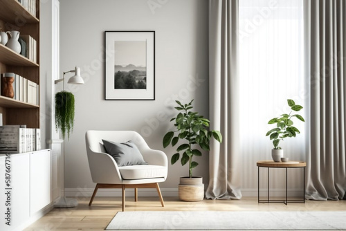 Cozy Living Room Interior with White Chair, Bookshelf, and Blank Wall generative ai © Luminest