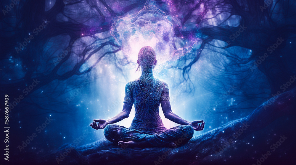 Illustration of a person meditating in a yoga pose in a fantasy forest, purple and dreamy landscape. Created with Generative AI. Illustration of a person meditating in a yoga pose in a fantasy forest, purple and dreamy landscape. Created with Generative AI.