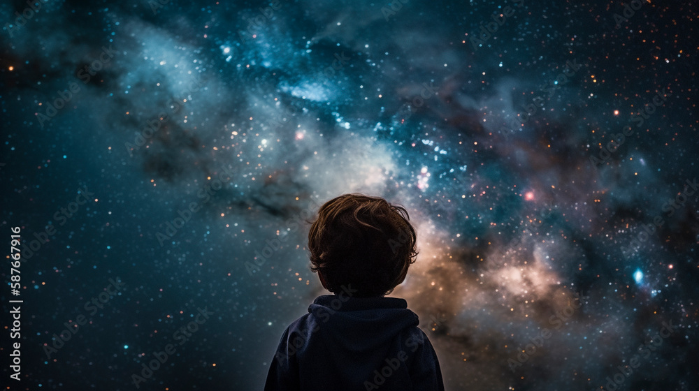 Child gazing up at the galaxy. Created with Generative AI.