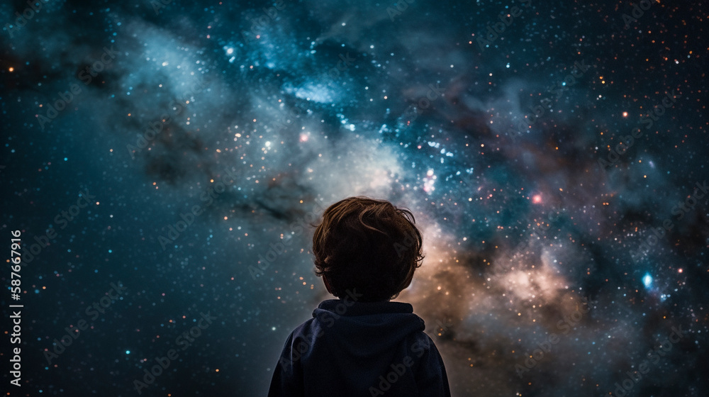 Child gazing up at the galaxy. Created with Generative AI. Child gazing up at the galaxy. Created with Generative AI.