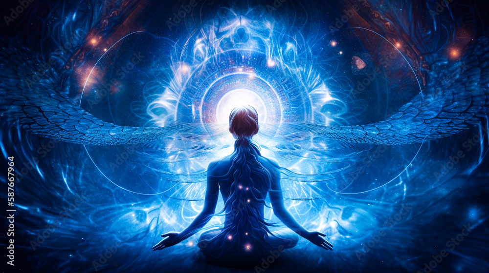 Person in a relaxed, meditative state experiencing the energetic wonders of the cosmos. Created with Generative AI.