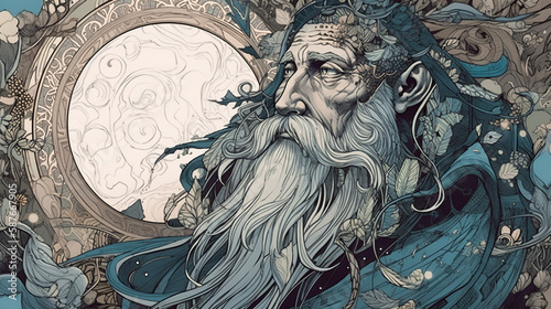 Illustration of an old sage with a white beard, inspired by fantasy. Created with Generative AI.