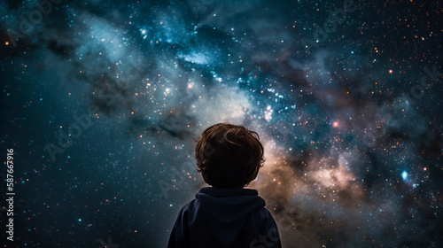 Child gazing up at the galaxy. Created with Generative AI.
