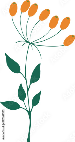 A twig with orange berries and green leaves. Vector file for designs.