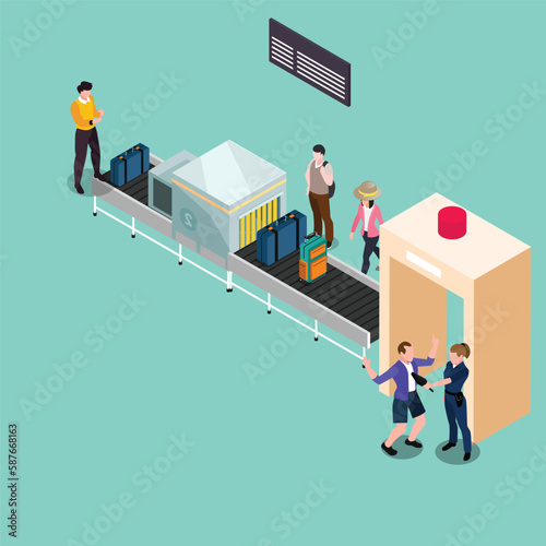 People in airport security check isometric 3d vector illustration concept banner, website, landing page, ads, flyer template