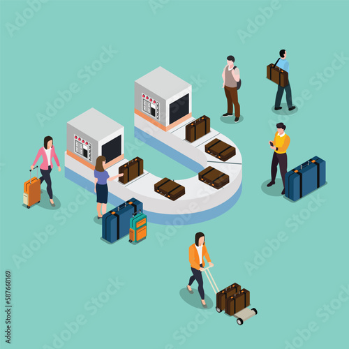 Baggage conveyor belt area at airport isometric 3d vector illustration concept banner, website, landing page, ads, flyer template