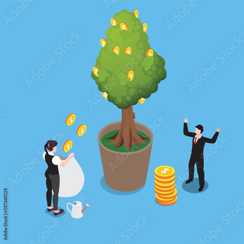 Business people harvest from money tree isometric 3d vector illustration concept banner, website, landing page, ads, flyer template