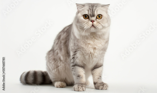Photo of a cute silver grey white kitten cat on white background isolated, closeup cat photo. A beautiful cat photo for advertises. Generative ai.